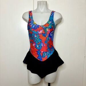 Vintage 80s Nelson Neon Abstract Floral Skirted One Piece Swimsuit